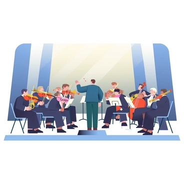 An orchestra is gathered on a grand stage, with a diverse group of musicians. There are string players, including violins, violas, and cellos, all dressed in formal black attire. In the center, a conductor is standing with a baton raised, guiding the ensemble. The brass section, featuring trumpets and trombones, is positioned to the left, while woodwinds, including flutes and clarinets, are on the right. The backdrop of the stage is adorned with elegant curtains, and the audience can be seen in the dimly lit hall, all focused on the performance. The atmosphere is filled with anticipation as musical notes seem to resonate from the instruments.