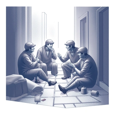 Members of the Beggar's Guild congregating in a dim alleyway, sharing stories