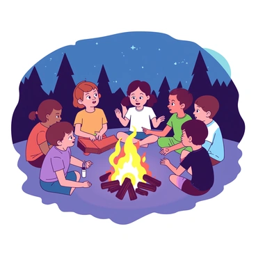 A group of children is sitting in a circle around a glowing bonfire. Each child has a look of fascination as they listen intently to a storyteller in the center. The storyteller is animatedly sharing a tale, with hands gesturing for emphasis. The bonfire casts warm light around, highlighting the children's expressions of wonder and excitement. Some children are leaning forward eagerly, while others are tucked comfortably against each other. The background is filled with trees silhouetted against the night sky.