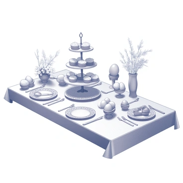 A festive table setting arranged for an Easter party. The table is covered with a white tablecloth and features an array of decorative items. Centered on the table is a tiered stand filled with various treats, including cakes and cupcakes. Surrounding the stand are plates adorned with intricate patterns. Several sets of cutlery are neatly arranged beside each plate. The atmosphere includes decorations such as balloons, streamers, and floral arrangements. In the background, decorated eggs are placed on a side table, showcasing a variety of designs.