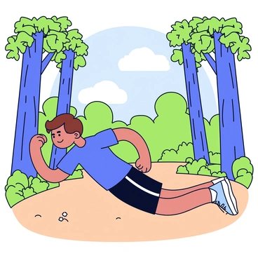A person with a focused expression is performing pike push-ups on a dirt forest trail. The individual has short brown hair and is wearing a fitted blue athletic shirt and black shorts. Surrounding them are tall trees with green leaves and rough bark. Sunlight filters through the branches, casting dapples of light onto the ground. The trail is bordered by patches of grass and small wildflowers.