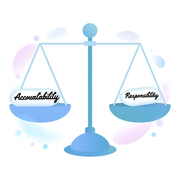 A balanced scale is positioned centrally, displaying two sides that are evenly aligned. On one side, a weight is labeled "Accountability," resting firmly in place. On the opposing side, another weight is labeled "Responsibility," equally balanced with the first. The scale is set against a subtle gradient pastel-colored background that enhances the visual focus on the scale and its weights. The overall composition emphasizes the equilibrium between the concepts represented by the weights.