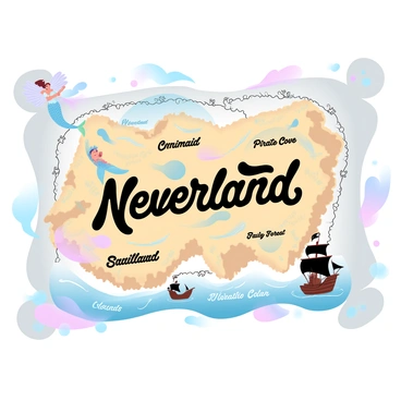 An ancient map is displayed, showcasing the land of "Neverland." The map is filled with intricate details, including winding rivers, tall mountains, and various labeled locations such as "Mermaid Lagoon," "Pirate Cove," and "Fairy Forest." Surrounding the map are illustrations of mythical creatures, including a mermaid with flowing hair, a fairy with delicate wings hovering above the surface, and a pirate ship sailing on the ocean. Legends and ornate scrollwork frame the edges of the map, enhancing its ancient appearance. The overall color palette includes gradient pastel tones, adding a magical touch to the scene.