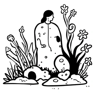 A stone statue stands in the center of an ancient garden, surrounded by overgrown plants and twisted vines. The statue depicts a figure with intricate carvings and details, showing signs of erosion from the passage of time. Tears are trickling down the stone cheeks, leaving streaks along the surface. Nearby, delicate flowers bloom, contrasting with the rough texture of the stone. The ground is covered with scattered leaves and moss, adding to the atmosphere of timelessness in the garden.