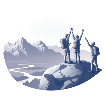 A group of hikers standing triumphantly at the summit of a mountain. The hikers are wearing backpacks and outdoor gear, with some raising their arms in celebration. The landscape features rugged mountain peaks in the background, with a sweeping view of a valley below filled with trees and winding rivers. The sky above is clear, enhancing the expansive view from the summit.