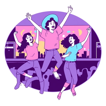 A group of friends is jumping and cheering at a lively music concert. The friends are wearing colorful clothing, with one individual in a pink shirt and another in a blue hat. In the background, there are bright concert lights illuminating the scene, creating a dynamic atmosphere. Each friend has their hands raised in excitement, and their expressions reflect pure joy as they enjoy the music together. The crowd around them is also engaged, creating a sense of unity and energy at the event.