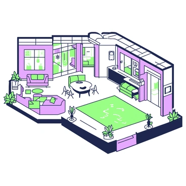 A luxurious penthouse floor plan is displayed with an expansive layout. The centerpiece is a large terrace that wraps around the exterior, providing ample space for outdoor furniture. A shimmering pool is situated on the terrace, reflecting the surrounding views. The interior includes a spacious living area with large windows that allow for natural light to flood in. Adjacent to the living area, there is a modern kitchen equipped with sleek appliances. A dining table is positioned to overlook the terrace. In one corner, a cozy sitting area invites relaxation, complemented by elegant decor. Multiple bedrooms are arranged thoughtfully, each with an en-suite bathroom for privacy.