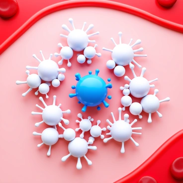 A cluster of white blood cells, distinguished by their round shapes and varying sizes, surrounds a virus particle. The virus is depicted as a spherical entity with spikes protruding from its surface, showcasing its infectious nature. The scene captures the dynamic motion of the white blood cells, some extending pseudopodia towards the virus, while others are in pursuit, demonstrating their role in the immune response. The background features a flowing bloodstream, with red blood cells visible, adding depth and context to the scene.