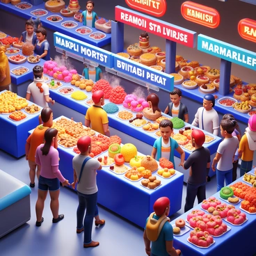 A bustling futuristic marketplace filled with various vendors. The vendors are selling exotic foods such as colorful fruits, intricate pastries, and steaming dishes. Stalls are adorned with vibrant signage displaying the names of the goods in various languages. Shoppers are interacting, examining products, and making purchases. The atmosphere is lively, with diverse crowds featuring individuals in futuristic attire, showcasing various styles and accessories. Neon lights illuminate the area, adding a sense of vibrancy to the scene.