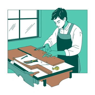 A teal carpenter is standing in a workshop, focused on marking a piece of brown wood with a yellow pencil held in their right hand. The carpenter has a pencil tucked behind their ear, and they are wearing a gray apron over a white shirt. Various tools are scattered around on a workbench nearby, including a saw and a tape measure. Sunlight is filtering through a window, casting soft shadows on the wooden surface as the carpenter concentrates on their work.