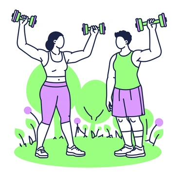A couple is standing in their backyard, engaged in a fitness exercise known as lateral raises. The man, wearing a fitted sleeveless shirt and athletic shorts, is lifting a pair of weights to shoulder height. He is encouraging the woman, who is next to him, also performing the exercise with her weights. She is wearing a tank top and workout leggings. The couple stands on a green lawn, surrounded by trees and flowers in the background. Both individuals are smiling and focused on each other, creating an atmosphere of support and motivation. Their weights are held at the same height, symbolizing teamwork in their workout routine.