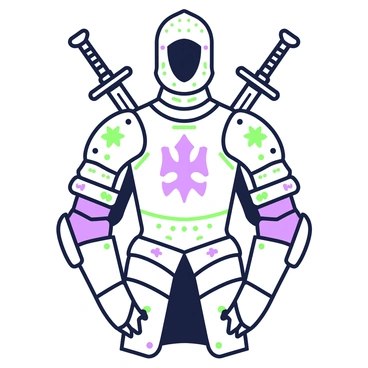 A suit of medieval armor stands prominently on a display. The armor is composed of shiny metal plates, intricately shaped to fit a human body. The breastplate features a "distinctive blue crest" prominently displayed in the center, surrounded by detailed engravings that depict various motifs. The shoulder plates are rounded, and the gauntlets have intricate designs etched into them. The helmet is closed-faced, with a visor that has ornamental engravings. A pair of crossed swords is positioned behind the armor, adding to the display's grandeur.