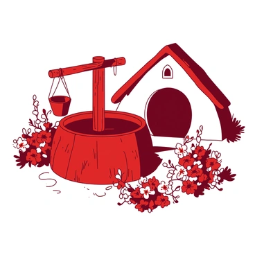 A red charming well is situated near a white hobbit hole, characterized by its round door and small windows. A wooden bucket is hanging from the well's sturdy beam, ready to be filled with water. Surrounding the well, there are clusters of vibrant flowers in various colors, adding to the picturesque view. The flowers bloom abundantly, creating a lively and inviting atmosphere in this enchanting setting.