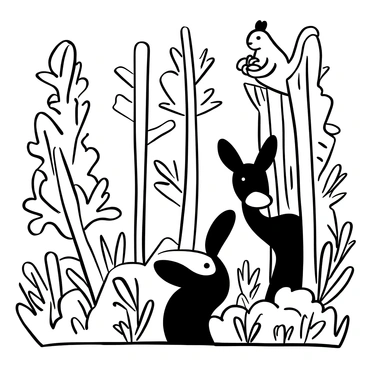 Several forest animals are peeking through a dense area of Douglas fir trees. A curious deer stands partially hidden behind a tree trunk, its ears perked up. A rabbit sits low to the ground, its body concealed among the underbrush. Above, a squirrel is balancing on a branch, holding an acorn in its paws. The scene is filled with lush foliage surrounding the animals, creating a sense of a vibrant woodland habitat.