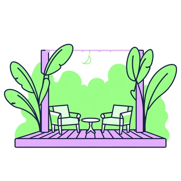 A lanai is adorned with a wooden deck, featuring a comfortable seating area consisting of two green armchairs and a small round table. Surrounding the lanai, there are tall banana plants with large, vibrant green leaves. The leaves are positioned to cast intricate shadows on the floor of the lanai, creating a pattern of light and dark. A gentle breeze can be seen causing the leaves to slightly sway, adding to the tranquil atmosphere. In the background, the lush greenery of the garden is visible beyond the plants.