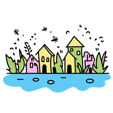 A busy mosquito village is depicted, with small, intricately designed houses built on vibrant green water plants. Each house showcases unique shapes and colors, blending seamlessly with the surrounding foliage. Swarms of tiny mosquitoes are shown flying around, adding liveliness to the scene. The water surface reflects the structures, creating a shimmering effect. The setting is filled with various aquatic plants, enhancing the natural habitat of the village.