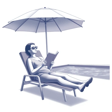 A person is sitting on a pool chair, leaning back comfortably with their legs stretched out. They are holding an open book in their hands, deeply immersed in reading. Above them, a large umbrella provides shade, with its canopy elegantly arching to block the sunlight. In the background, the shimmering surface of a swimming pool is visible, reflecting the surrounding area. The scene conveys a sense of leisure, with the person dressed in casual attire, wearing sunglasses, and enjoying a tranquil moment by the poolside.