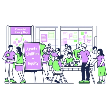 A community event is taking place in a spacious hall filled with people engaged in discussions. In the background, there is a large poster displaying the accounting equation, prominently featuring the text "Assets = Liabilities + Equity." The poster is mounted on an easel and surrounded by colorful flyers and brochures on financial literacy. Attendees are gathered around tables, some are writing notes, while others are interacting with volunteers who are providing guidance. A banner at the entrance reads "Financial Literacy Day" in bold letters. The atmosphere is lively and educational, with various interactive stations set up throughout the space.