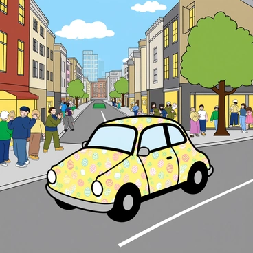 A small car with a rounded shape is covered in colorful Easter egg decorations, featuring various patterns like stripes, polka dots, and florals. The car is driving down a busy street in a bustling city. Surrounding the car, there are tall buildings with bright storefronts and people walking along the sidewalk. In the background, a few trees add a touch of greenery, and a blue sky with fluffy white clouds can be seen overhead. The scene is lively with some pedestrians waving and smiling as the decorated car passes by.