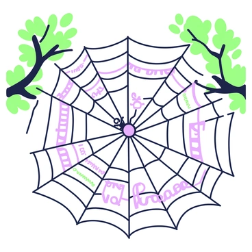 A large spider web is intricately woven between two branches of a tree. The web glistens softly, catching the light in various areas. Scattered throughout the web are words of encouragement such as "Believe," "Grow," "Shine," and "Strength." Each word is distinct and clearly visible, integrated into the web's delicate structure. In the background, green leaves frame the web, creating a natural setting that enhances the overall composition. A small spider can be seen at the center of the web, adding a touch of life to the scene.
