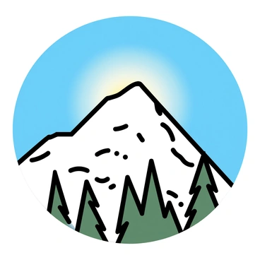 A snow-capped mountain peak, sharply defined against the blue sky, is illuminated by the soft light of the early morning sun. The sunlight creates a warm glow on the white snow, highlighting the texture of the icy surface. Below, a dark green pine forest stretches out, contrasting with the bright white of the snow. The mountain's rocky slopes are visible, adding detail to the stark landscape.