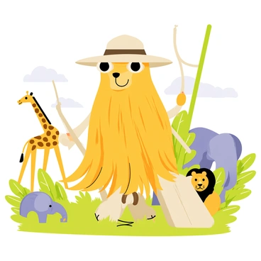 A mop wearing a safari hat, observing wild animals through binoculars
