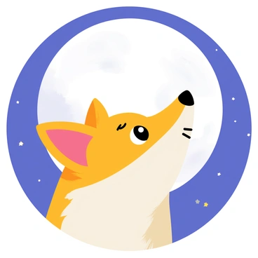A fox face with orange and white fur looking up towards a large, round full moon. The sky is deep blue and clear, dotted with a few small twinkling stars. The fox has bright eyes that reflect the moonlight, enhancing its features. The background emphasizes the moon's glow, creating a soft illumination around the fox's face.