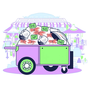 A seafood cart with fresh catch displayed on ice at a seaside market
