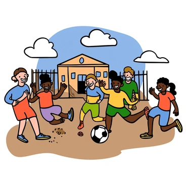 A group of underprivileged children playing joyfully on a dusty street. The children are of various ethnicities, including light-skinned and dark-skinned, wearing colorful, worn-out clothing. Some are kicking a deflated soccer ball, while others are laughing and running around. In the background, there is an old school building with faded paint and a tall, rusty fence. The sky above is clear and bright, providing a warm, sunny atmosphere.