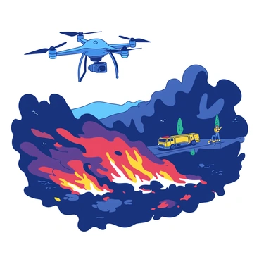 A blue drone is flying high above a sprawling wildfire front. Below, the ground is engulfed in flames, with vivid orange and red fire consuming the dry vegetation, creating an intense contrast against the dark smoke billowing upwards. The drone is equipped with a camera that captures the scene, sending back live footage. In the distance, firefighters can be seen working to control the blaze, with bright yellow fire trucks parked nearby. The landscape is rugged, with patches of green trees interspersed among the charred earth, showcasing the battle between nature and fire.