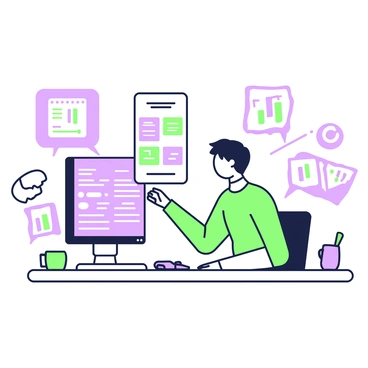 A marketer is seated at a desk in a modern office, focused on customizing email templates on a computer. The computer screen displays a digital interface of a CRM platform with various options and colorful email template designs. Papers and notes are scattered on the desk, along with a green coffee mug and a purple pen. The marketer has short hair and is wearing a smart-casual outfit. On the walls, there are charts and graphs showcasing campaign performance, enhancing the workspace's professional atmosphere.