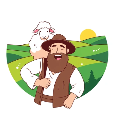 A joyful shepherd with a big smile is carrying a small white lost sheep on his shoulders. The shepherd has a brown hat and a rustic outfit, adding character to his appearance. In the background, there are rolling green hills, lush and vibrant, stretching across the horizon. The sun casts a warm glow over the scene, enhancing the bright colors of the landscape. The sheep looks content and fluffy, nestled comfortably against the shepherd.