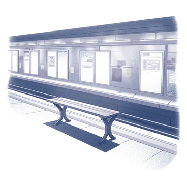 A deserted subway platform stretches out, showcasing faded tiles and an empty track. The surrounding walls are lined with old advertisements that are peeling and faded. In the center of the platform, a single metal bench stands under a flickering overhead light, casting elongated shadows. The bench is made of cold metal with a simple, functional design, showing signs of wear. The atmosphere is quiet, emphasizing the solitude of the scene, with the distant sounds of the city barely audible in the background.