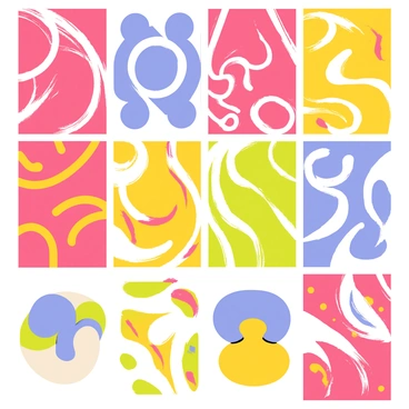 An 8-panel illustration board featuring vibrant sections filled with bold colors. Each panel showcases a different abstract design, with swirling patterns in red, blue, yellow, and green. The colors blend and contrast, creating a dynamic visual effect. Some panels incorporate geometric shapes, while others focus on fluid forms. The overall layout is organized yet chaotic, drawing the eye across the various illustrations.