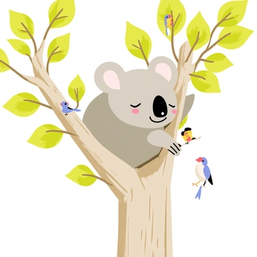 A cartoon koala napping on a eucalyptus tree, its body curled comfortably against the textured bark. The koala has thick gray fur and large, round ears, with a gentle smile on its face, conveying a peaceful expression. Bright green eucalyptus leaves surround the koala, some gently swaying in the breeze. Sunlight filters through the branches, casting soft shadows on the koala and the tree trunk. A few small, colorful birds can be seen perched nearby, adding life to the scene.