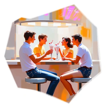 A lively scene inside a 1950s soda fountain featuring a group of teenagers enjoying their time. The teenagers are dressed in casual retro clothing, with boys in neatly styled hair wearing short-sleeved shirts and jeans, while the girls have poodle skirts and colorful tops. They are seated on barstools at a long countertop, with a classic soda fountain behind them. Each teenager is holding a milkshake in a tall glass, topped with whipped cream and a cherry. The atmosphere is filled with laughter and smiles, capturing the essence of fun and friendship in a nostalgic setting.