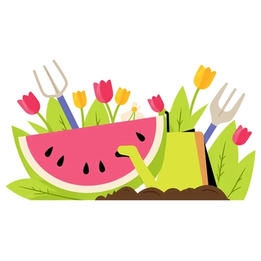 A vibrant garden scene featuring a large, ripe "watermelon slice" with a juicy red interior and black seeds. Surrounding the watermelon slice are various "gardening tools" including a shiny metal trowel, a bright green watering can, and a pair of wooden-handled pruning shears. The background is filled with colorful flowers, like "red tulips" and "yellow daisies," while lush green leaves frame the composition. A small patch of "freshly tilled soil" is visible nearby, indicating a well-maintained garden.