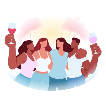 A group of four friends is standing close together, each holding a colorful wine glass. The glasses are filled with various shades of wine, reflecting hues of red, white, and rosé. The friends are dressed in casual summer attire, surrounded by a warm, golden glow from the setting sun. The background features a soft gradient sky transitioning from orange to pink as the sun dips below the horizon. The silhouettes of trees can be seen in the distance, complementing the scene. Each friend is raising their glass slightly, creating a lively atmosphere of celebration and camaraderie.