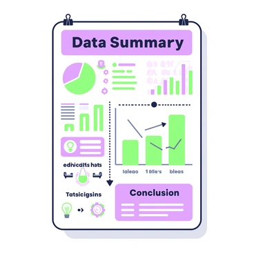 A large infographic poster is displayed on a wall. The poster is filled with various sections that summarize complex data using simple visuals. In the top section, there is a bold title in large font that reads "Data Summary." Below the title, several pie charts illustrate statistics, each with distinct segments. To the left, there are bar graphs with different heights representing varying data points, accompanied by brief descriptions underneath. On the right side of the poster, there are icons that represent key concepts, such as a magnifying glass for analysis and a light bulb for ideas. In the bottom area, there are arrows pointing towards a conclusion with a concise summary. The overall layout is organized and easy to read, with clear labeling throughout.