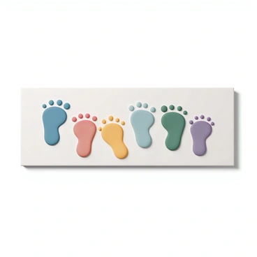 A rectangular canvas is filled with colorful baby footprints. Each footprint is uniquely painted in vibrant shades of blue, red, yellow, green, and purple. The prints vary in size, reflecting the tiny dimensions of a baby's foot. The canvas is set against a simple white background, enhancing the brightness of the colors. Each footprint is clearly defined, with distinct edges and details of the toes. The overall composition gives a joyful and playful impression.