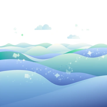 An ocean is depicted with flowing data streams represented by glowing lines of binary code in shades of blue and green. The surface of the water is animated with digital waves, creating ripples that resemble fluctuating graphs and charts. Small clusters of luminous data points float on the surface, giving a sense of depth and movement. Above the ocean, a clear sky is visible with a few scattered pixels resembling clouds made of fragmented data. In the distance, a horizon line appears, blending smoothly with the digital waves, creating an immersive, interconnected scene.