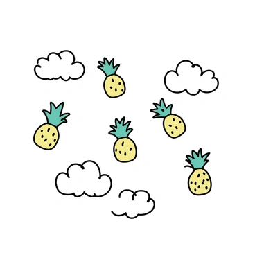 A dreamy cloudscape with pineapples floating among fluffy clouds