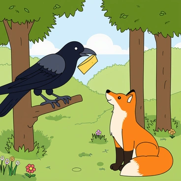 A cartoon-style illustration of a friendly crow and a fox sharing a piece of cheese in a peaceful forest. The crow is perched on a low branch of a green tree, its feathers glossy black with a playful expression. The fox, with bright orange fur and a bushy tail, sits on the forest floor below, looking up at the crow with curiosity. The piece of cheese is held in the crow's beak, and the fox's eyes gleam with excitement as they engage in this delightful exchange. Surrounding them are tall, leafy trees and patches of colorful wildflowers, creating a vibrant atmosphere. Sunlight filters through the leaves, casting dappled shadows on the ground.