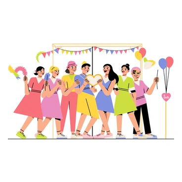 A bridal party consisting of five individuals, each wearing colorful dresses and matching accessories, is gathered around a wedding photo booth. The scene includes a cheerful backdrop decorated with "Just Married" banners and balloons. The party members are holding various playful props such as oversized sunglasses, feather boas, and funny hats. One person is making a silly face while another is striking a pose with a heart-shaped frame. Laughter and joy are evident on their faces as they capture fun moments together.
