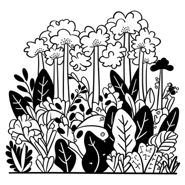 A dense tropical rainforest scene filled with various "exotic plant and animal genera." The foreground features large, broad-leaved plants with intricate leaf patterns, some with distinctive floral structures. A cluster of tall trees with thick trunks and large canopies rises in the background, their silhouettes creating an intricate network among the leaves. Different species of ferns grow at the base of the trees, adding texture to the undergrowth. Among the plants, a variety of animals can be seen, such as a "colorful parrot perched on a branch" and a "monkey swinging from tree to tree." The scene conveys a rich biodiversity typical of a tropical rainforest environment.