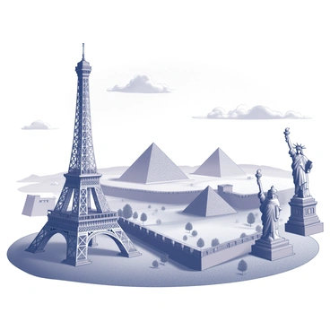 A travel scene featuring famous landmarks from around the world. In the foreground, there is a detailed representation of the Eiffel Tower, with intricate lattice work and a surrounding park area filled with trees. Beside it, the Great Wall of China is depicted, winding its way across hilly terrain, with watchtowers visible along its length. In the background, the pyramids of Giza stand prominently, surrounded by a vast desert landscape. A silhouette of the Statue of Liberty is visible on one side, with her arm raised, holding the torch high. A vibrant sky is filled with fluffy clouds, suggesting a bright day.