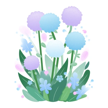 A lush garden filled with various allium flowers in full bloom. The allium flowers are displayed in clusters, featuring different shades of purple, blue, and white. Tall stems support large spherical flower heads, creating a vibrant, rounded canopy. Surrounding the alliums are green leafy plants and small colorful blossoms, enhancing the richness of the garden. The sunlight casts soft shadows on the ground, highlighting the texture of the foliage and flowers.