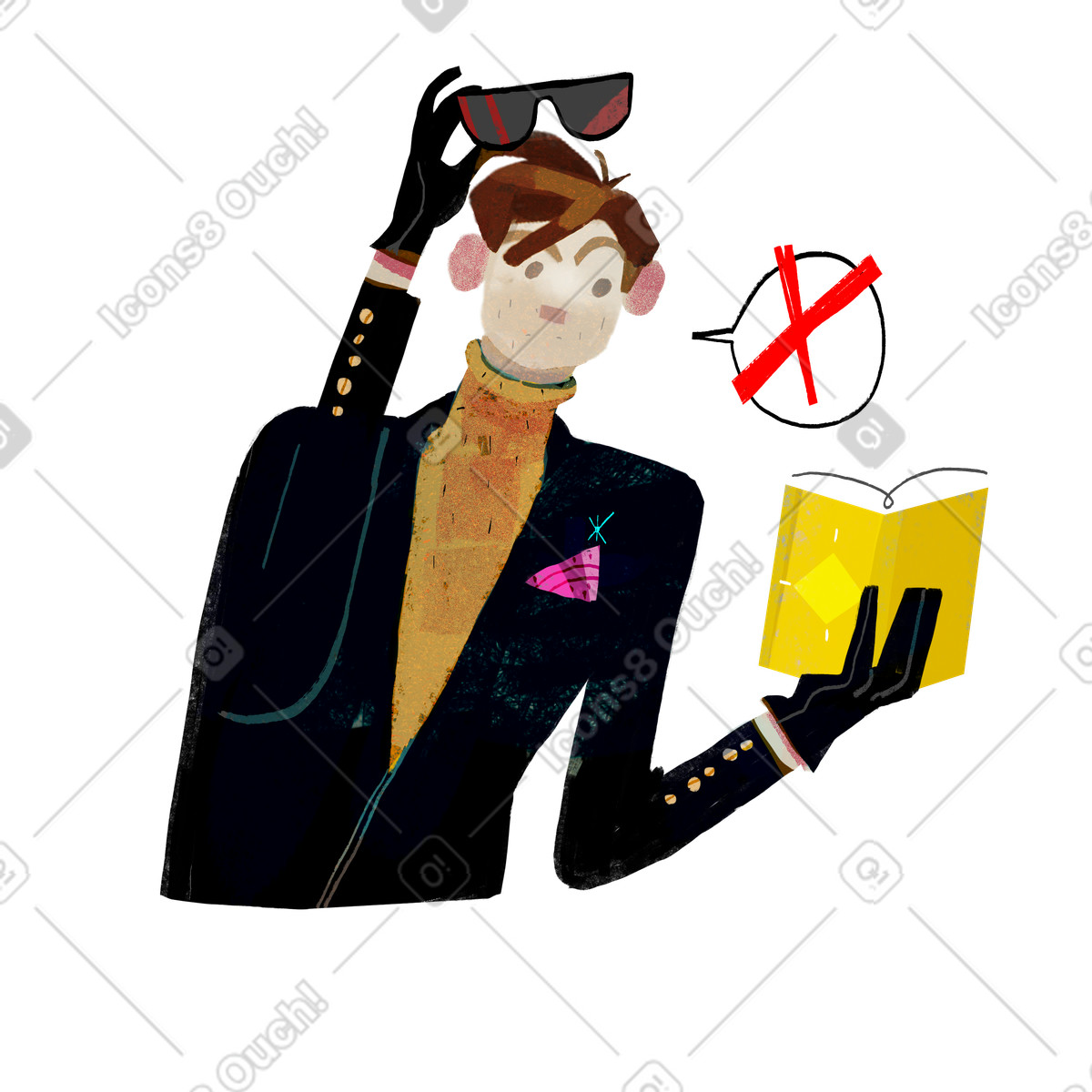 Stylish reader staring at book with no comment and disapproval illustration in Fabulous style download in PNG, SVG