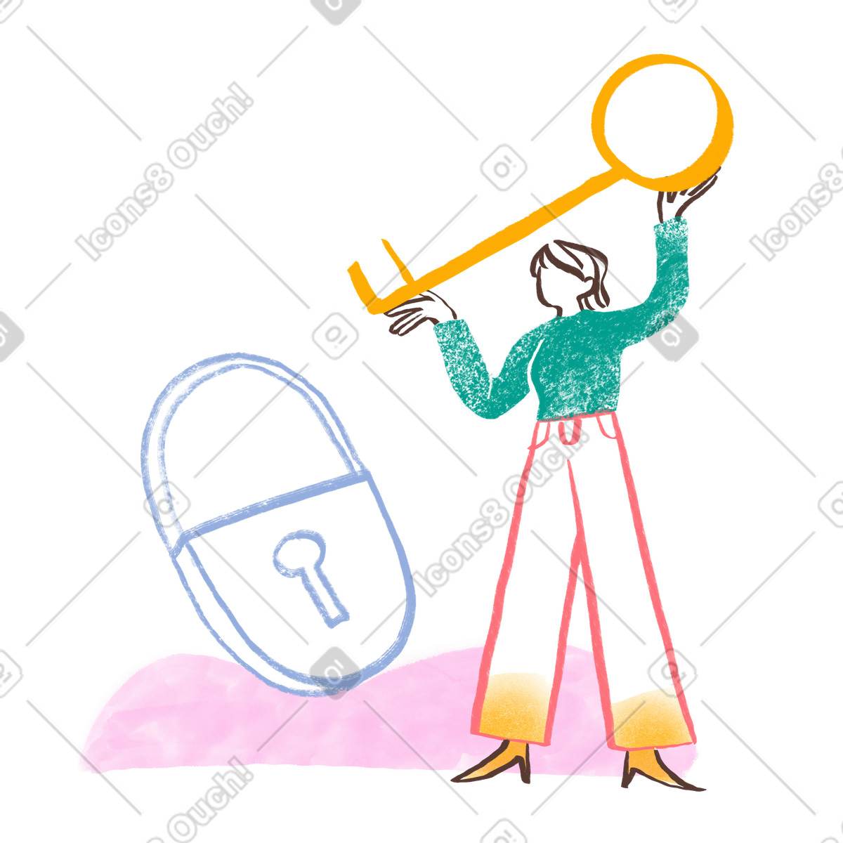 Unlocking large padlock with key, Authorization or account access illustration in PNG, SVG