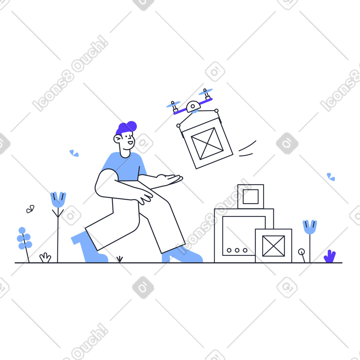 Ilustração de Drone entregando pacote para homem em no estilo Pablita baixar em PNG, SVG